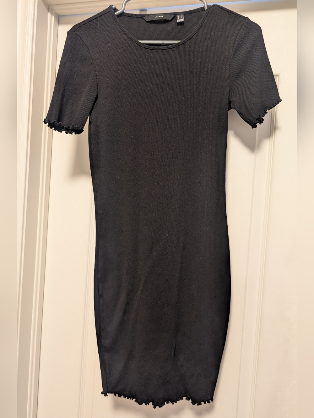 Vero Moda Black Ribbed Organic Cotton Mini Dress with Lettuce Trim